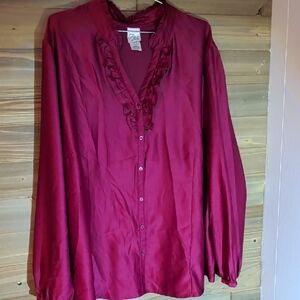 Just My Size Magenta Ruffle V-Neck Button-Front Blouse